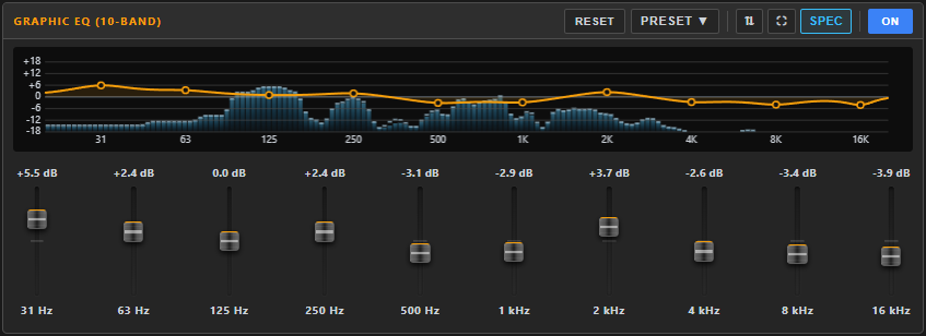 Graphic EQ panel in the dock — the curve graph on top with ten vertical faders below, one per band.