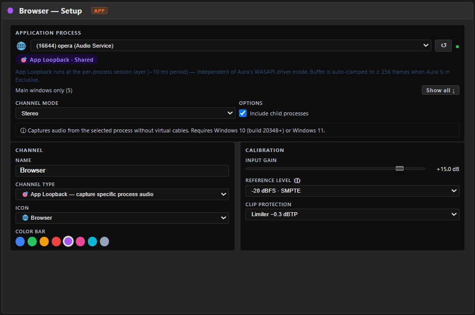 An APP input channel's SETUP tab — the Application Process dropdown listing running programs with a refresh button, the Show all / Main windows only toggle and Include child processes tickbox, and a capture badge confirming audio is flowing.