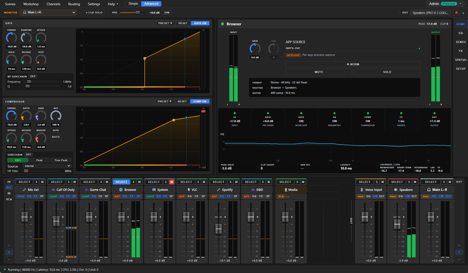 Aura Mixer main window — input channels on the left, VCA groups in the middle, output buses on the right, monitor bar across the top.
