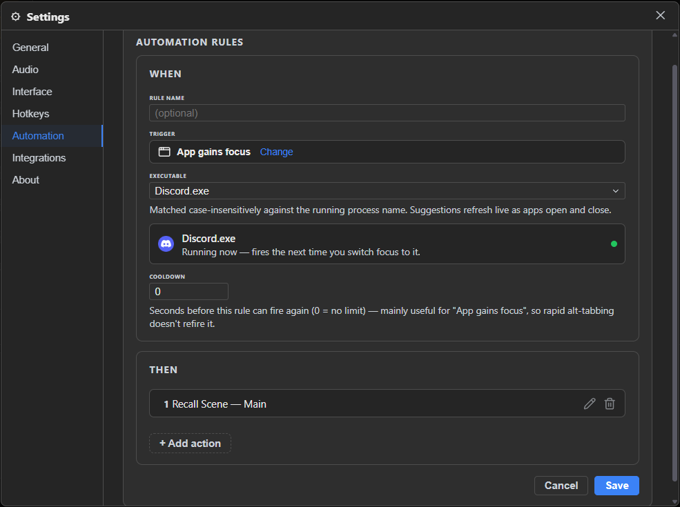The Add rule form — the WHEN card with Trigger set to App gains focus, Executable set to Discord.exe, a live status card (Discord.exe icon, green dot, "Running now — fires the next time you switch focus to it.") and Cooldown at 0; the THEN card below it with one action, "1 Recall Scene — Main", plus its pencil/trash icons and + Add action.