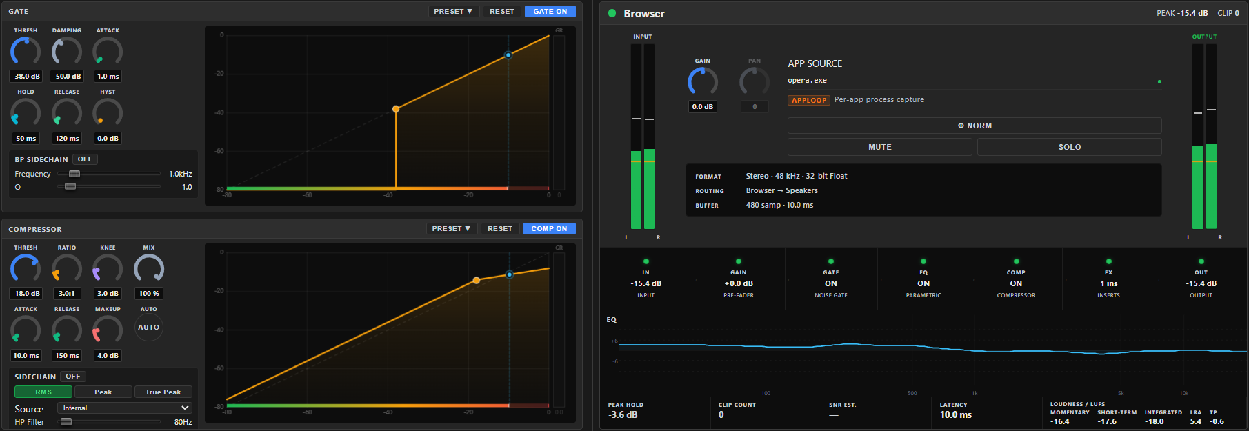 The config screen with an input channel selected — left panel showing GATE and COMP (each with their PRESET ▾ / RESET / ON switch), right panel showing the tab row HOME · EQ · SENDS · FX · SPATIAL · SETUP.