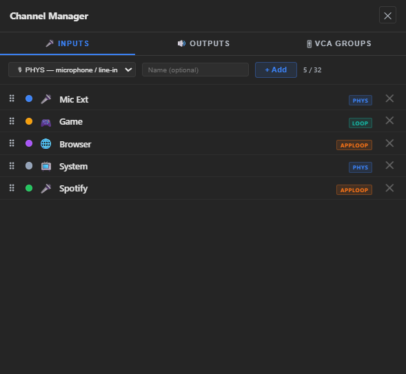 The Channel Manager window — three tabs across the top (🎤 INPUTS / 🔊 OUTPUTS / 🎚 VCA GROUPS), the type dropdown + name input + counter + + Add button up top, and the existing-channel list below with each row showing its ⠿ drag handle, name/icon, type badge and ✕ remove button.
