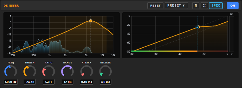 De-esser panel in the dock — the detection-band graph and the level curve side by side, with the FREQ / THRESH / RATIO / RANGE / ATTACK / RELEASE knobs below.