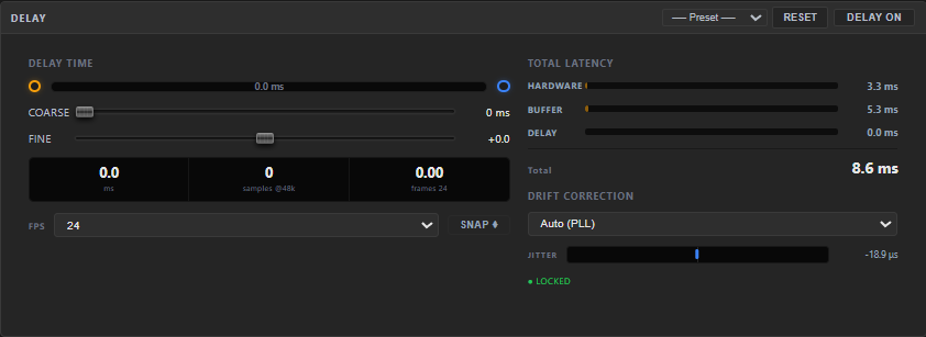 The Output Delay panel — DELAY ON / OFF switch, COARSE (0…500 ms) and FINE (±5 ms) knobs, a timeline showing input → delayed output, triple read-out in milliseconds / samples @ 48 kHz / video frames with FPS selector and SNAP ⌖, a latency breakdown Hardware + Buffer + Delay, and a Drift correction selector (Auto PLL / Manual / Disabled) with JITTER meter.