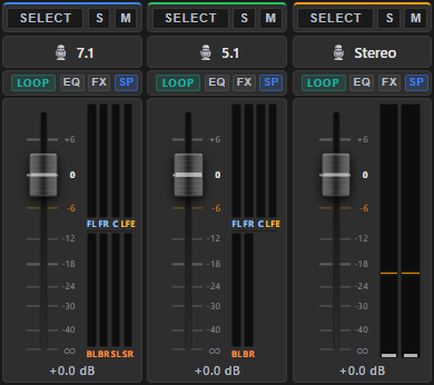 A row of input channel strips, each showing SELECT, M / S buttons, name + icon + colour tag, type badge (PHYS / LOOP / APP), processor badges (EQ / FX / SP), the fader with its dB scale, VU meter, and dB readout.