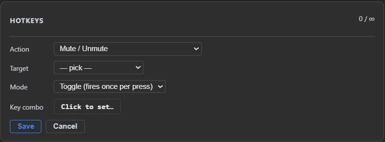 The Add hotkey form — Action set to Mute / Unmute, Target still on — pick —, Mode set to Toggle (fires once per press), a Click to set… button for the key combo, and Save / Cancel buttons at the bottom.