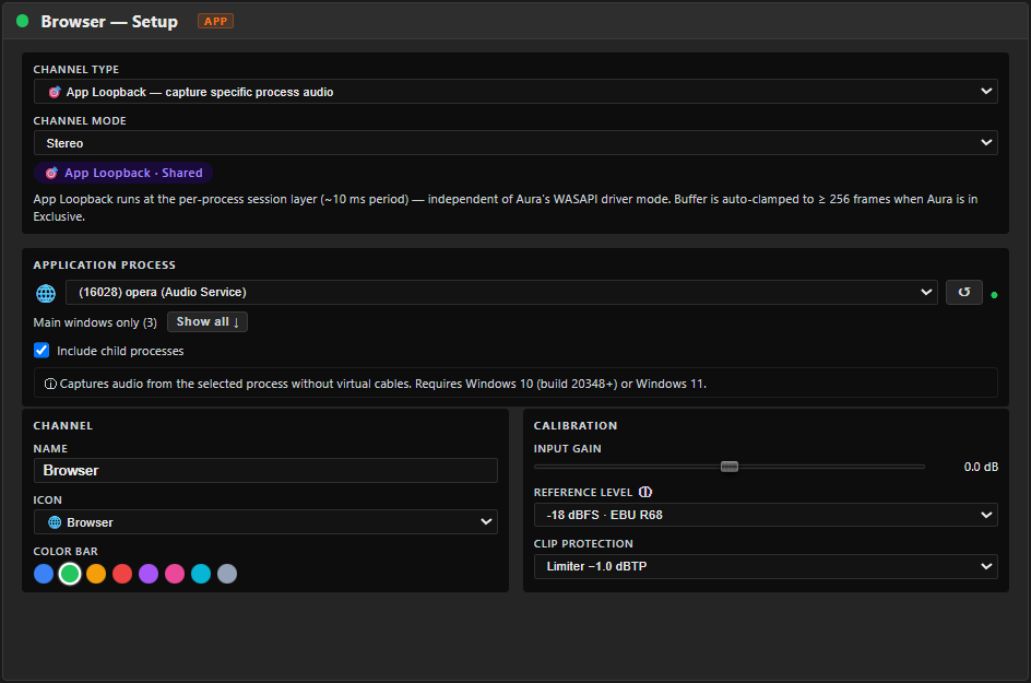 The SETUP tab on an input channel — Input source section (device dropdown, channel mode selector, capture badge, ⚙ Windows sound settings) on top, Channel section (Name, Channel type, Icon, Color bar) in the middle, and Calibration section (Input gain, Reference level, Clip protection) at the bottom.