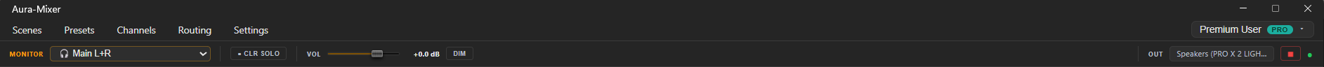 The full monitor bar, left-to-right: MONITOR dropdown · ● CLR SOLO indicator · VOL fader + dB readout · DIM toggle · 🎬 Scene chip · OUT device label · ▶ / ⏹ engine buttons · status dot.