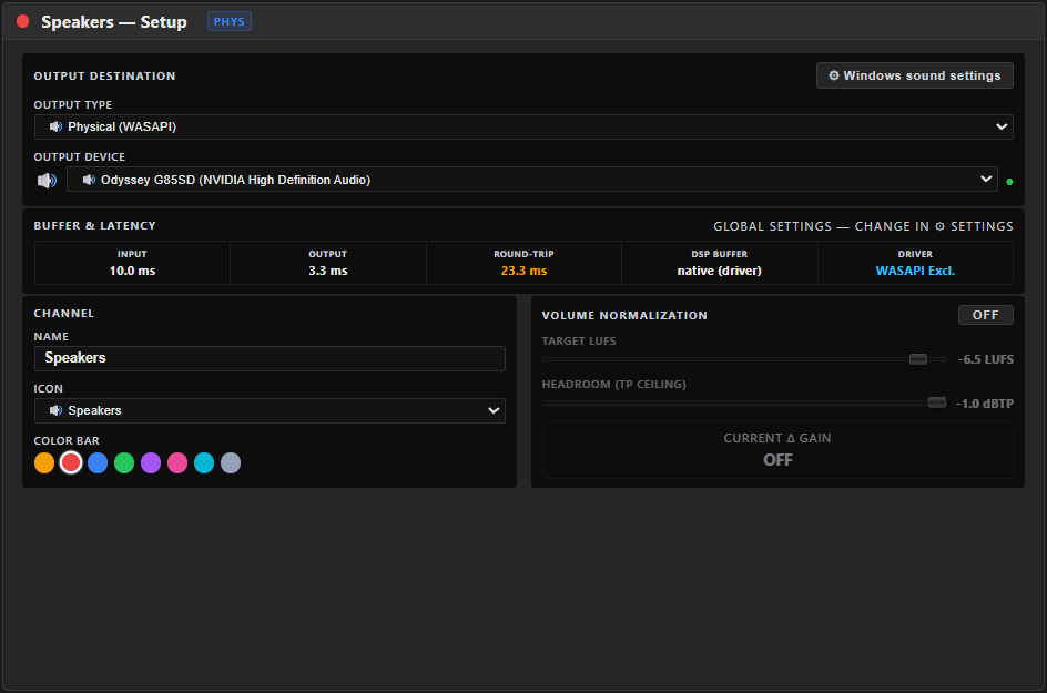 The SETUP tab on an output bus — Output Destination section (output type selector, device dropdown, status dot, MAIN LR badge, ⚙ Windows sound settings button) on top, and the Volume Normalization ⭐ section (ON switch, Target LUFS and Headroom (TP ceiling) sliders, CURRENT Δ GAIN read-out) below.