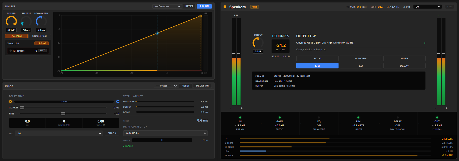 An output bus's config screen — left panel showing the two bus dynamics LIMITER and DELAY (each with PRESET ▾ / RESET / ON switch), the tab row HOME · EQ · SENDS · SETUP across the top, and the bus name with a MAIN LR badge in the top-right header.