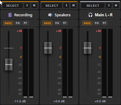 The output buses section on the right side of the mixer — Main L+R plus extra buses (e.g. Stream, Headphones), each with its own fader and meter.