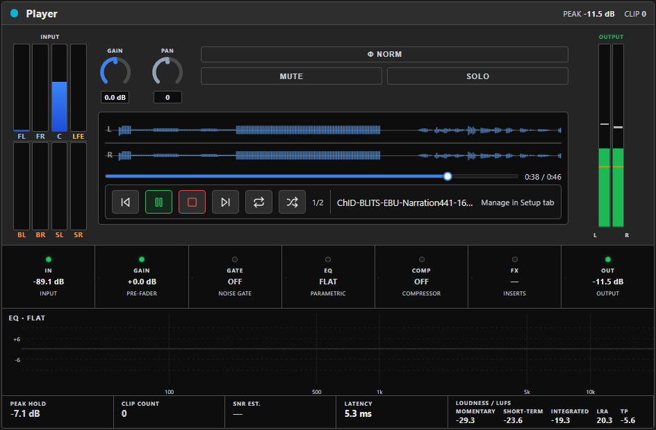 A Player channel's HOME tab — INPUT/OUTPUT meters (7.1 surround here) and GAIN/PAN knobs on top, the live L/R waveform with Previous/Pause/Stop/Next/Repeat/Shuffle transport, a track counter and filename below it, then the usual signal-flow strip, EQ curve, and PEAK/CLIP/LATENCY/LOUDNESS readouts.