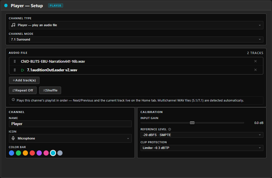 A Player channel's SETUP tab — the Audio File card showing a 2-track playlist with ⠿ drag handles and × remove buttons per track, a + Add track(s) button, and the Repeat Off / Shuffle toggles.
