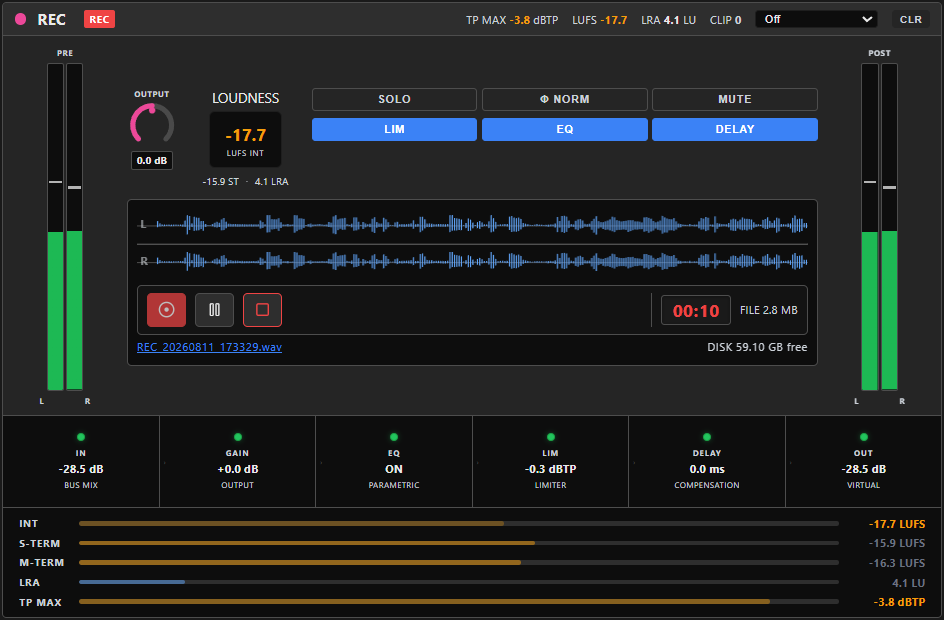 A Recorder bus's HOME tab — a red REC indicator and badge, the live L/R waveform, REC/Pause/Stop transport, an elapsed time and file size readout, the take's filename, and free disk space, alongside the bus's usual LIM/EQ/DELAY chain and LUFS loudness readouts.
