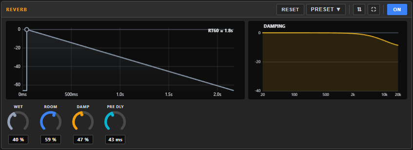 Reverb panel in the dock — the decay envelope and damping response graphs side by side, with the WET / ROOM / DAMP / PRE DLY knobs below.