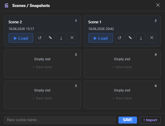 The Scenes window — a 2×3 grid of 6 slots, each occupied slot showing the scene's name, save timestamp, and four actions (▶ Load · ↺ Overwrite · ↓ Export · ✕ Delete). Empty slots show + Save here. Bottom bar: a name field with SAVE and an ↑ Import button for .ngss files.