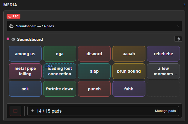 The Media tray card in Simple mode — a REC tag in the header (a Recorder is running elsewhere) even though the dropdown has a Soundboard selected, showing its pad grid, a Stop button, and Manage pads.