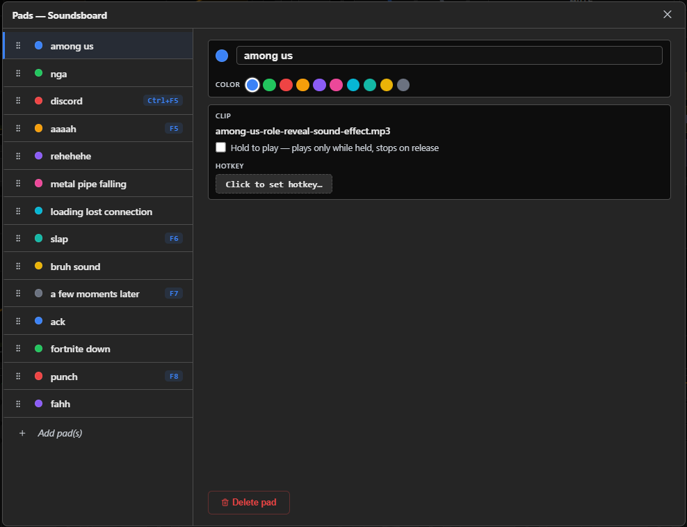 The pad editor — the pad list on the left (some rows showing their bound hotkey, e.g. Ctrl+F5), and the selected pad's name, colour swatches, clip filename, Hold to play checkbox, and Click to set hotkey… button on the right, with Delete pad below.