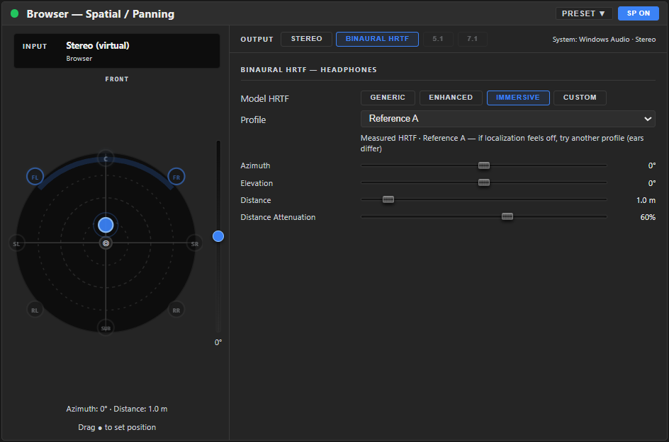 The SPATIAL tab in Binaural HRTF mode with a stereo/mono source — 3D-style polar diagram of the head with a draggable source dot on the left, mode strip with Binaural HRTF highlighted on top, a row of Model HRTF buttons (Generic / Enhanced / Immersive / Custom HRIR) plus the position knobs Azimuth / Elevation / Distance / Distance Attenuation on the right.