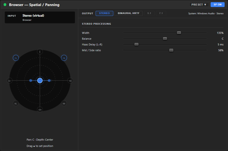 The SPATIAL tab in Stereo mode — a horizontal-axis Balance dot on the left, flanked by two dots that spread apart as Width increases and a faint trailing dot showing Haas Delay, mode strip with Stereo / Binaural HRTF / 5.1 SOON / 7.1 SOON and SP ON / SP OFF switch on the top right, and the Width / Balance / Haas Delay (L–R) / Mid / Side ratio controls on the right.