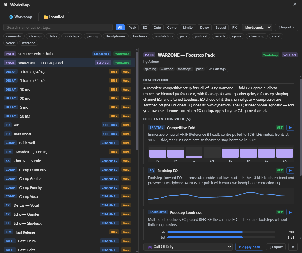 The Workshop window — a searchable library of community presets and packs on the left, a WARZONE Footstep Pack detail on the right showing its spatial, EQ and loudness stages, with an Apply-to-channel picker.