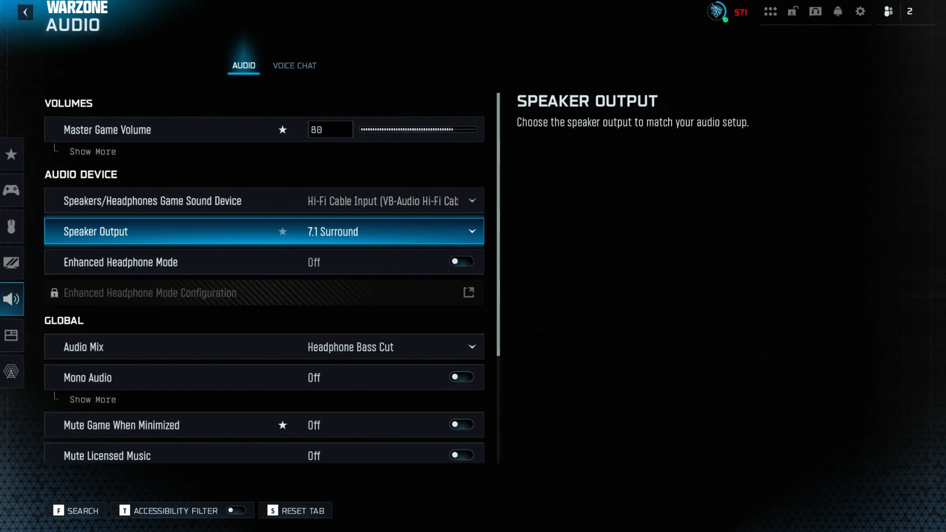 Warzone's Audio Device settings: Speakers/Headphones Game Sound Device set to Hi-Fi Cable Input (VB-Audio Hi-Fi Cable), Speaker Output set to 7.1, and Enhanced Headphone Mode off.