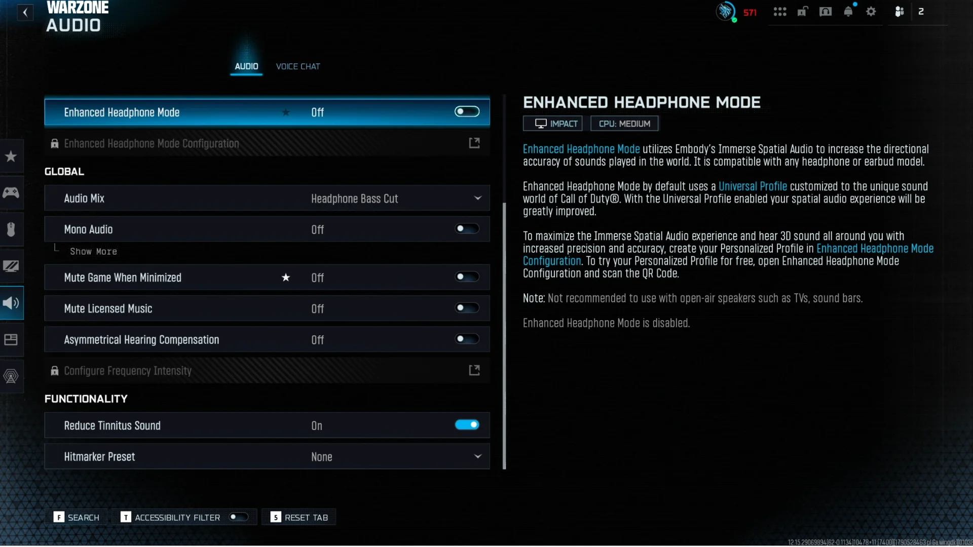 Warzone's Global and Functionality audio settings: Audio Mix set to Headphone Bass Cut, Asymmetrical Hearing Compensation off, Reduce Tinnitus Sound on and Hitmarker Preset set to None.