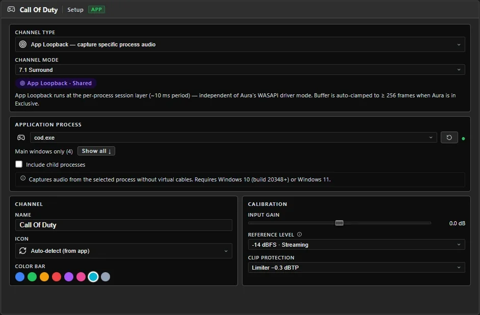An APP input channel's SETUP tab in Aura Mixer: the Application Process dropdown listing running programs with a refresh button, the Include child processes tickbox, and a capture badge confirming audio is flowing.