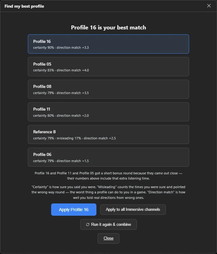 The Find my best profile test: the result screen recommending a profile with Apply buttons.
