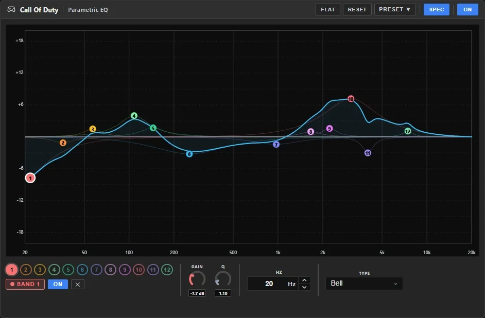 The EQ tab with the footstep curve: a sub cut, a low-mid dip and a broad lift around 3 kHz.