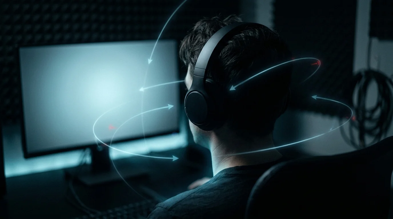 "A person at a desk wearing headphones, glowing blue directional sound-wave arcs curving around their head from every side, illustrating 3D spatial audio surrounding the listener.