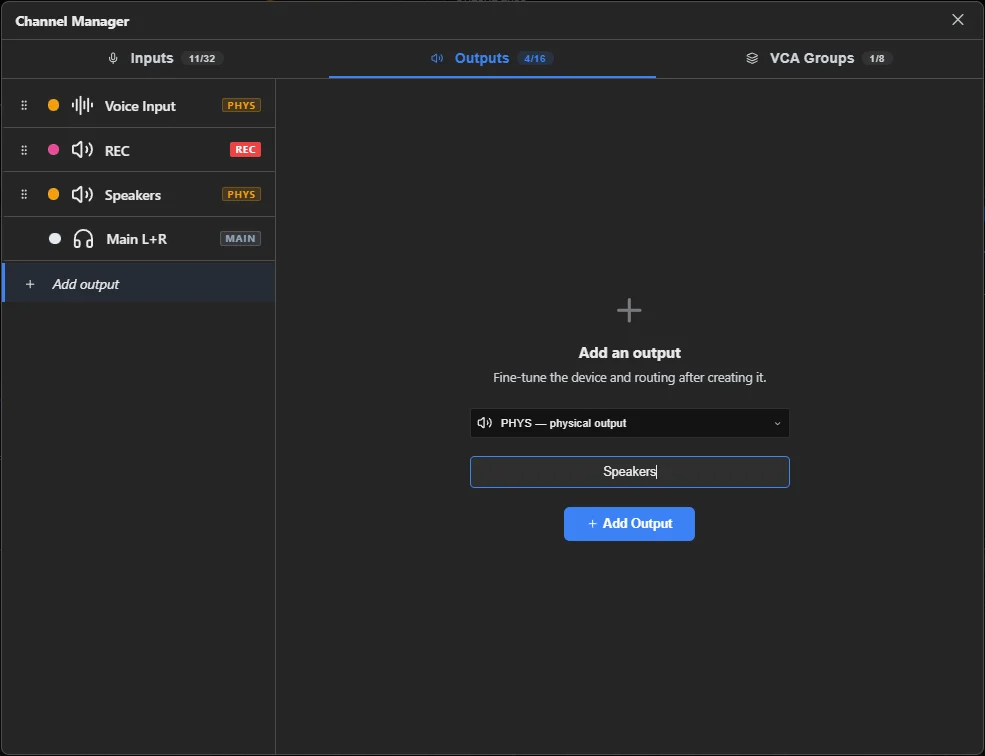 The Channel Manager's OUTPUTS tab, mid-way through adding a new output bus: a type dropdown set to "PHYS — physical output" and a name field above the Add Output button