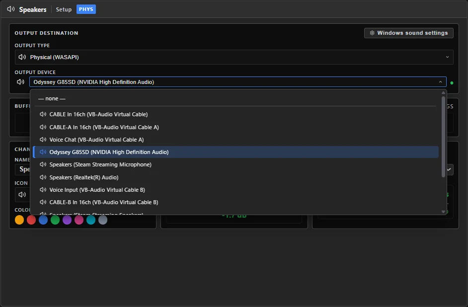 A PHYS output bus's SETUP tab, with the Output Device dropdown open showing the available playback devices