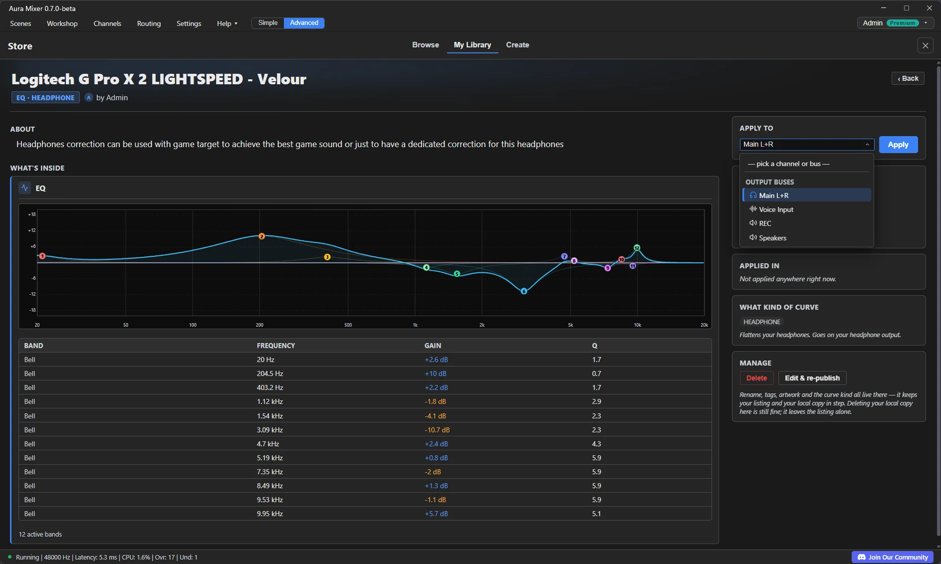 The Apply dialog for an EQ preset, listing output buses as the only valid targets