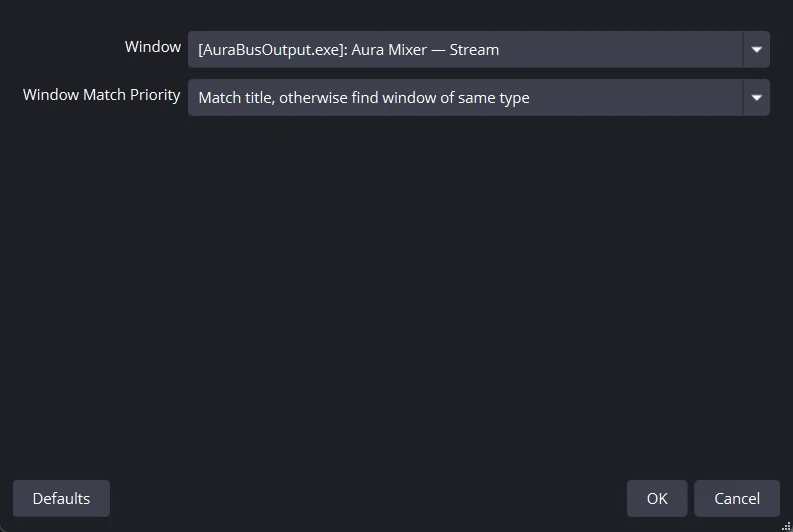 OBS's Add Source menu with Application Audio Capture selected, and its properties showing "Aura Mixer — Streaming" picked as the window