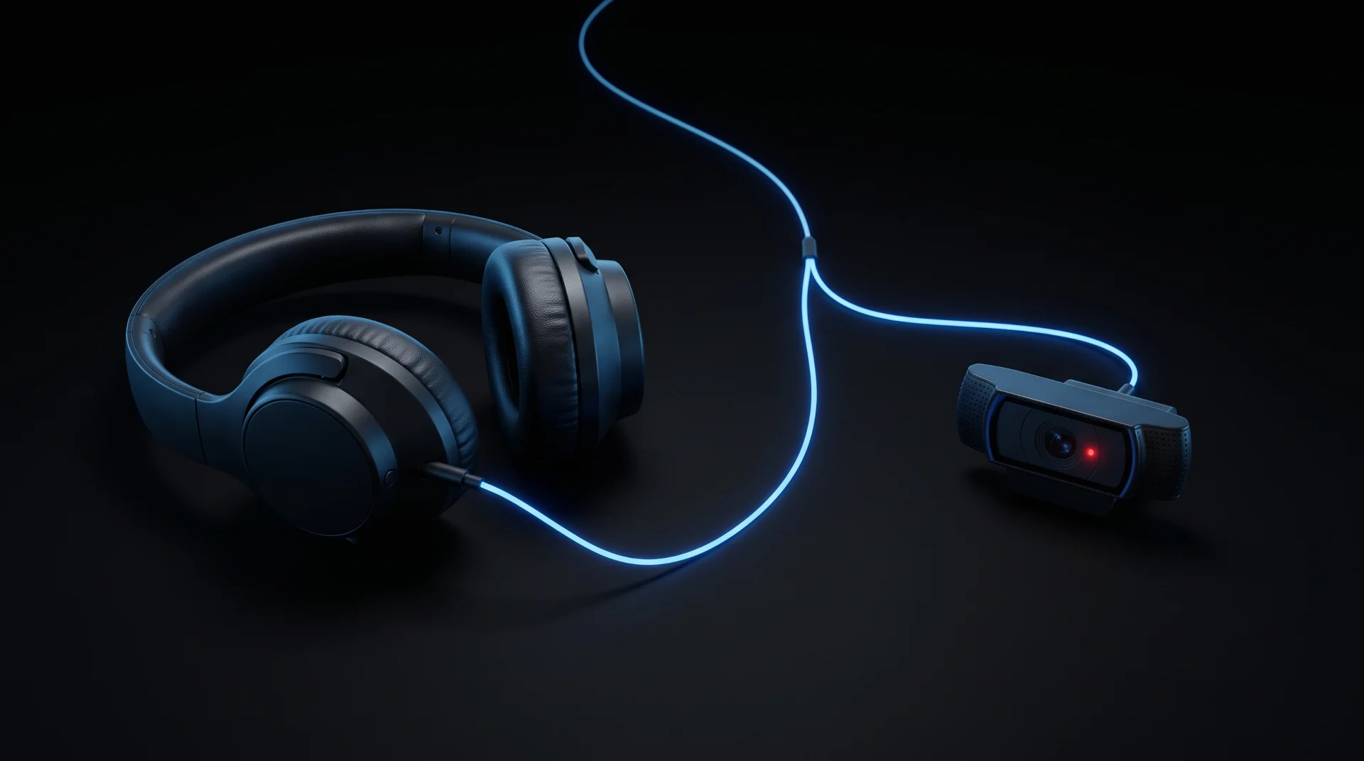 "A pair of headphones and a webcam with a glowing red recording light, connected by a thin blue line that splits into two separate branches just before reaching each device.