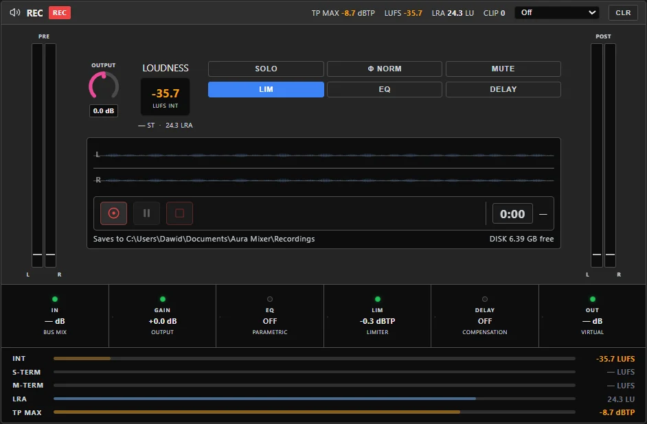 The Recorder bus's HOME tab: a live waveform, Start/Pause/Stop transport buttons, an elapsed-time clock and a file-size readout