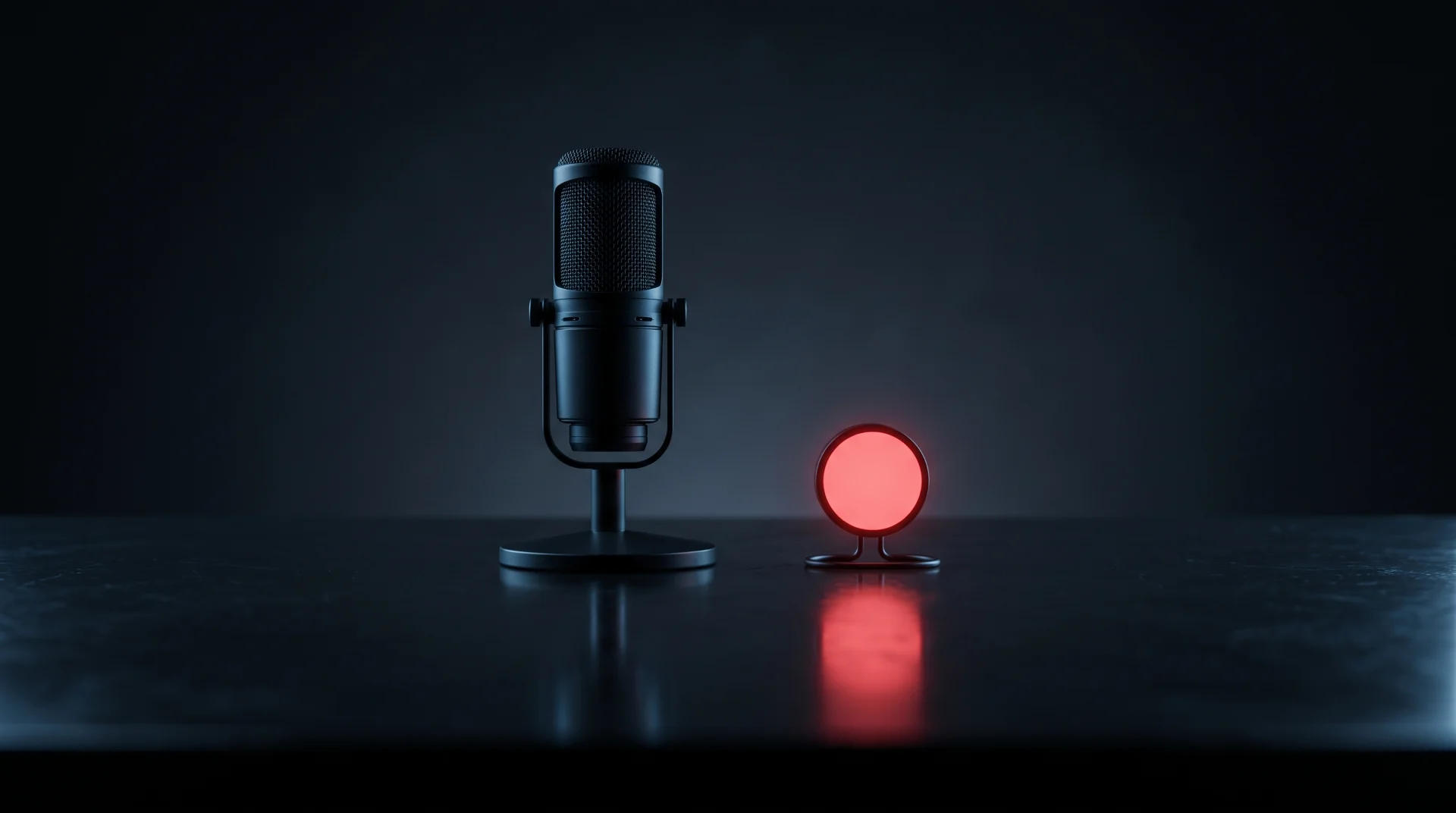 A studio microphone next to a small red recording indicator light on a dark desk.