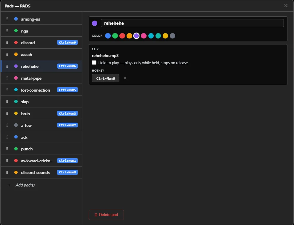The Soundboard pad editor's Add pad(s) option, for loading one or more audio files at once