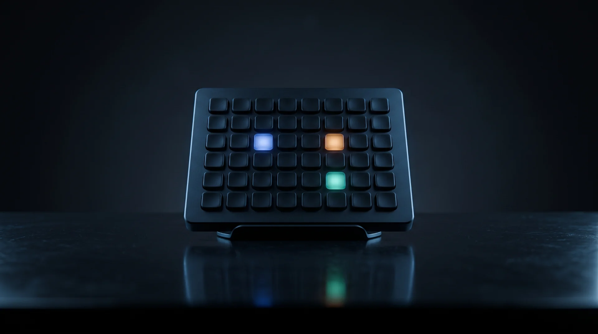 A small grid of illuminated buttons on a dark desk, a few glowing in different colors like an active soundboard